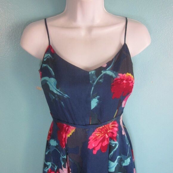 Banana Republic Womens Size XS Strappy Blue Nylon Linen Floral Dress Rear Zipper - Picture 4 of 12